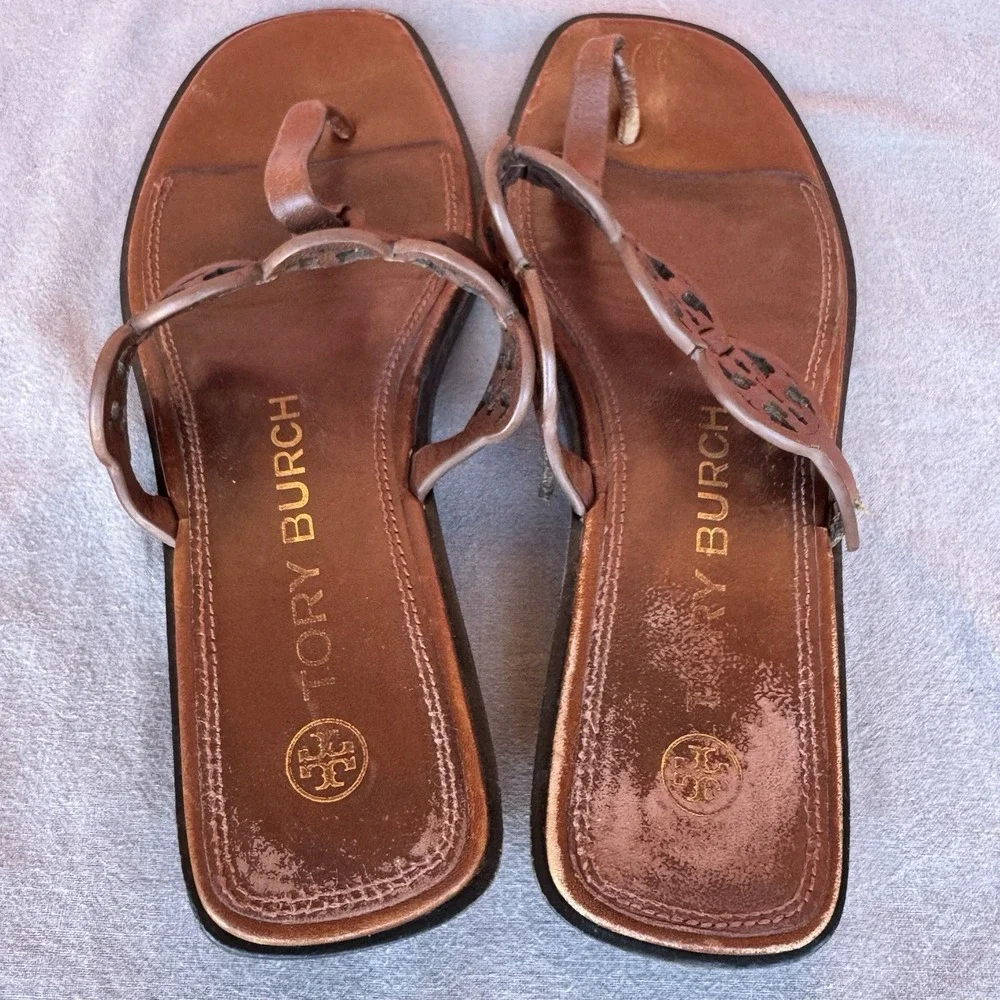 Size 8m - Tory Burch  Tiny Miller 10mm Thong‎ Sandals Burnt Cuoio Brown Leather